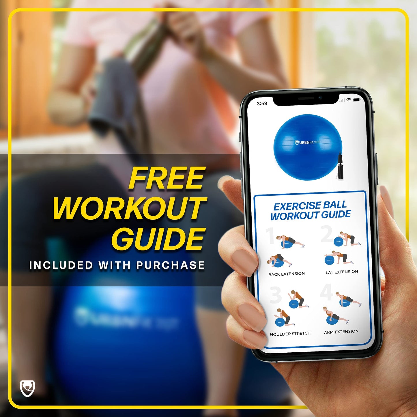 URBNFit Exercise Ball - Yoga Ball in Multiple Sizes for Workout, Pregnancy, Stability - Anti-Burst Swiss Balance Ball w/Quick Pump - Fitness Ball Chair for Office, Home, Gym