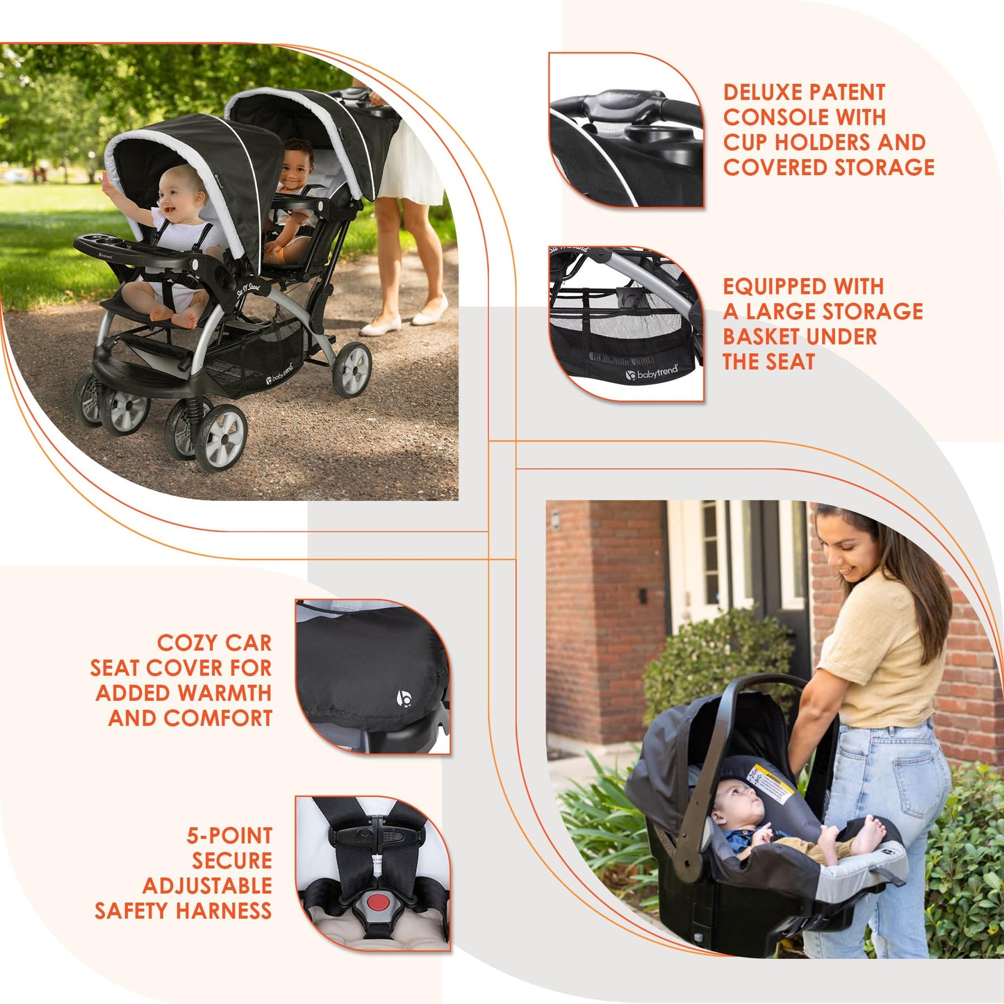 Baby Trend Sit N Stand Easy Fold Travel Double Baby Stroller and 2 Single Infant Car Seats Travel System with Safety Harnesses and Cover, Magnolia