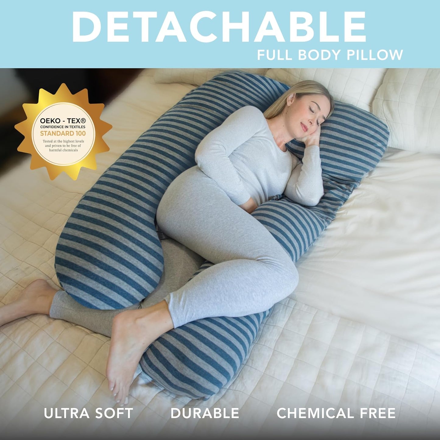 Pharmedoc Pregnancy Pillows, U-Shape Full Body Pillow -Removable Cover Jumbo Size - Grey - Pregnancy Pillows for Sleeping - Body Pillows for Adults, Maternity Pillow and Pregnancy Must Haves