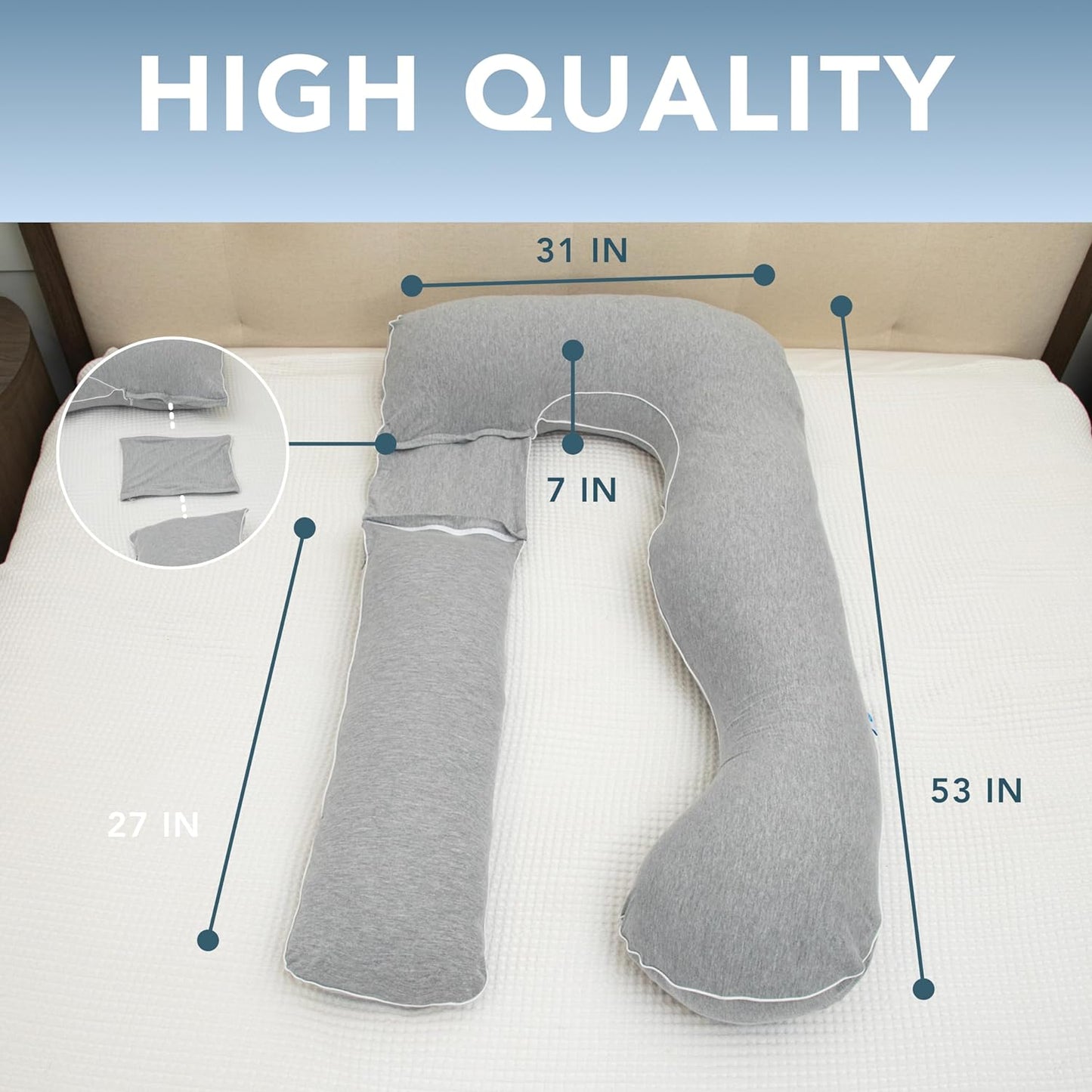 Pharmedoc Pregnancy Pillows, U-Shape Full Body Pillow -Removable Cover Jumbo Size - Grey - Pregnancy Pillows for Sleeping - Body Pillows for Adults, Maternity Pillow and Pregnancy Must Haves