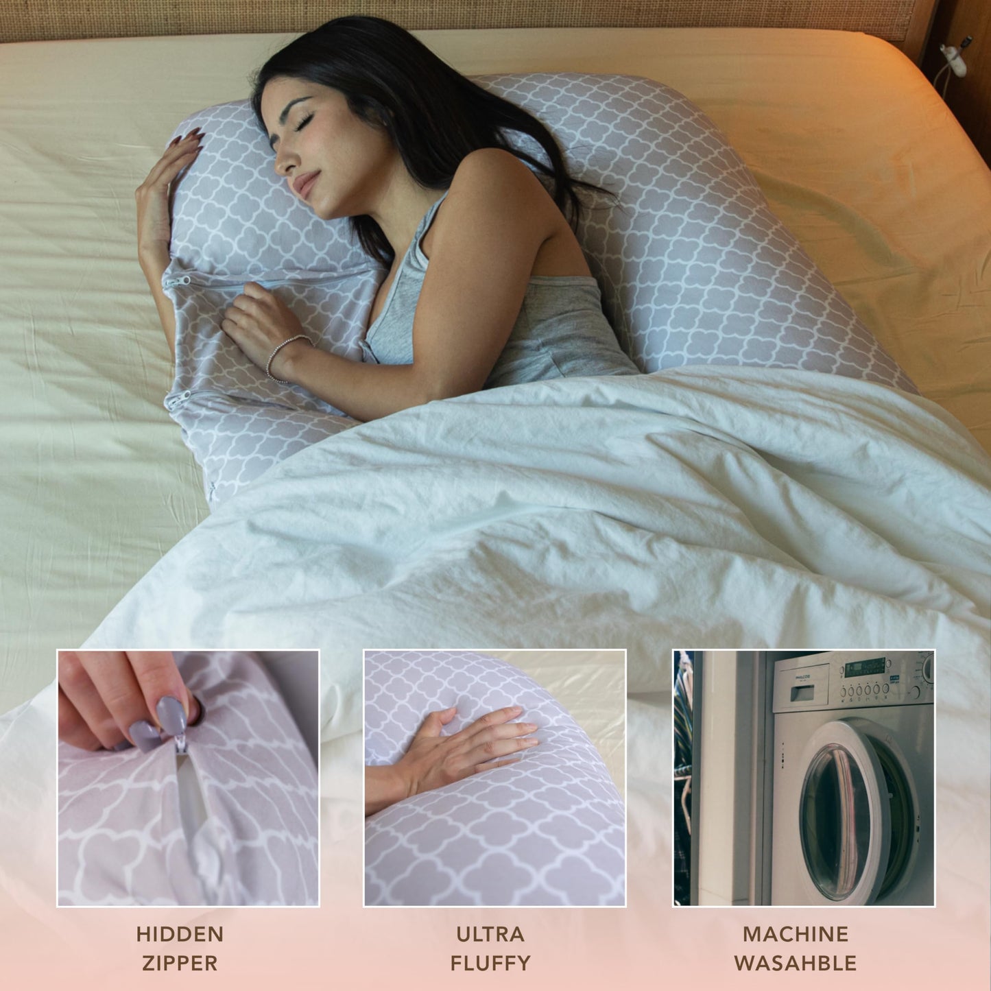 Pharmedoc Pregnancy Pillows, U-Shape Full Body Pillow -Removable Cover Jumbo Size - Grey - Pregnancy Pillows for Sleeping - Body Pillows for Adults, Maternity Pillow and Pregnancy Must Haves