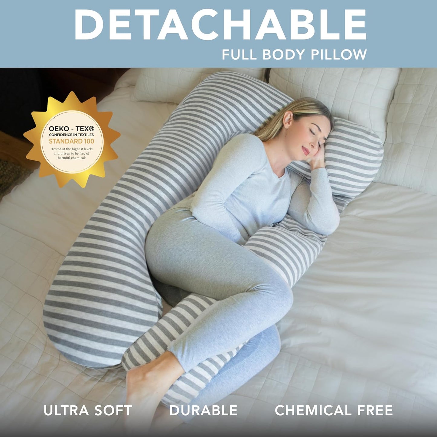 Pharmedoc Pregnancy Pillows, U-Shape Full Body Pillow -Removable Cover Jumbo Size - Grey - Pregnancy Pillows for Sleeping - Body Pillows for Adults, Maternity Pillow and Pregnancy Must Haves