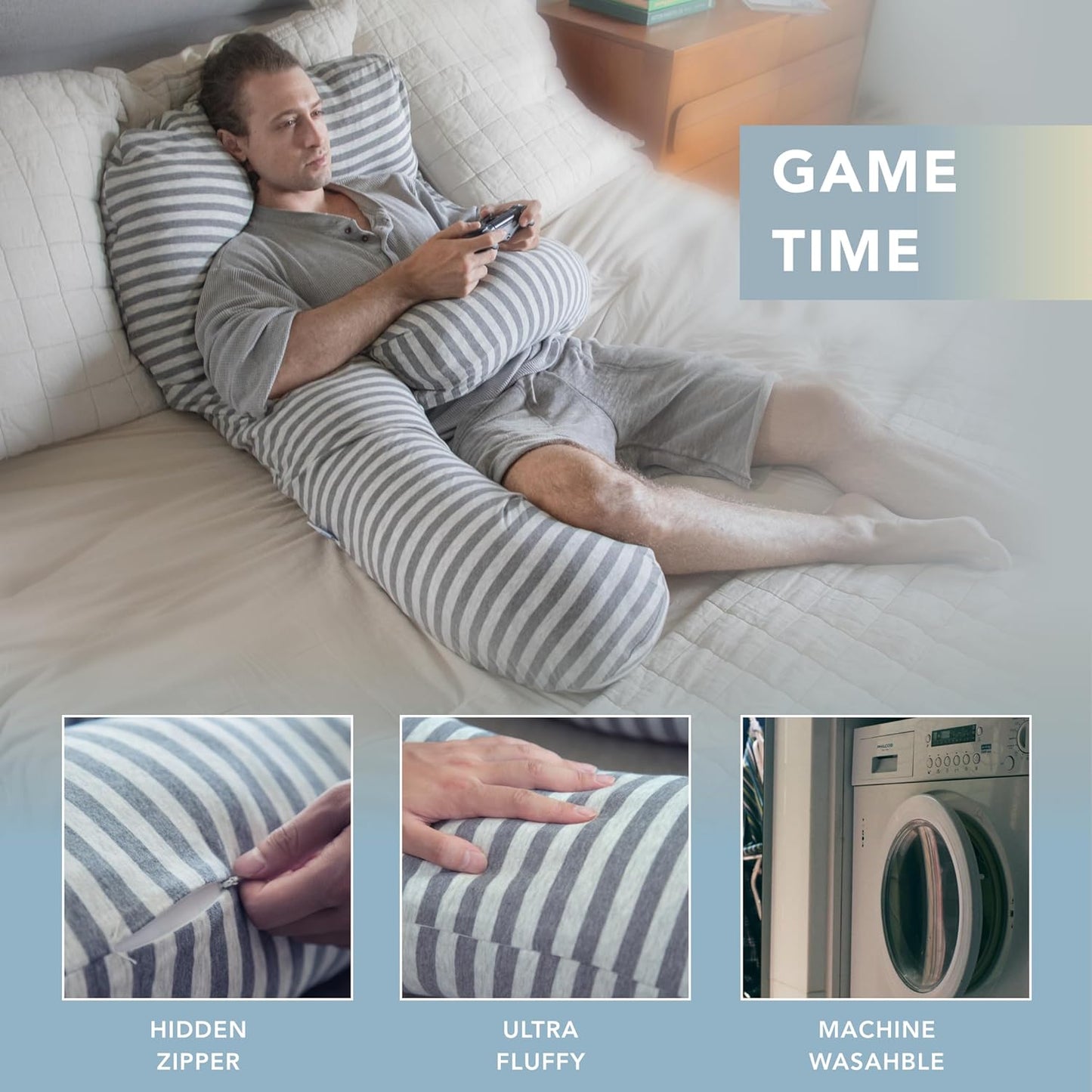 Pharmedoc Pregnancy Pillows, U-Shape Full Body Pillow -Removable Cover Jumbo Size - Grey - Pregnancy Pillows for Sleeping - Body Pillows for Adults, Maternity Pillow and Pregnancy Must Haves