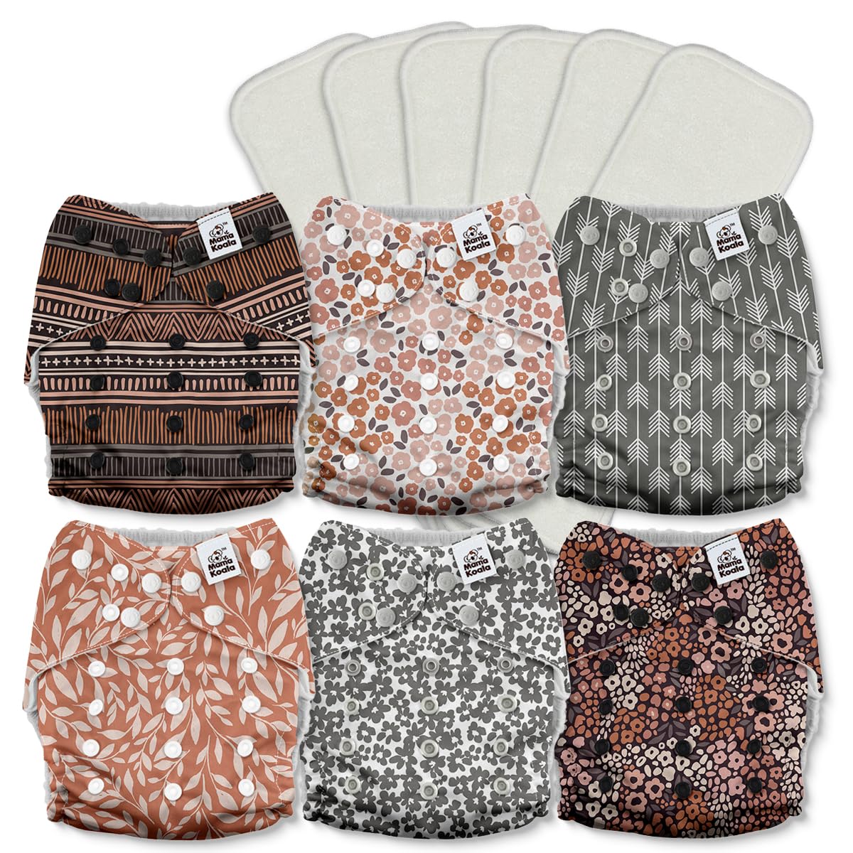 Mama Koala 2.0 Cloth Diapers for Babies with AWJ Lining, 6 Pack with 6 Bamboo Cloth Diaper Inserts - Reusable and Washable Pocket Diapers(Simply Neutrals)