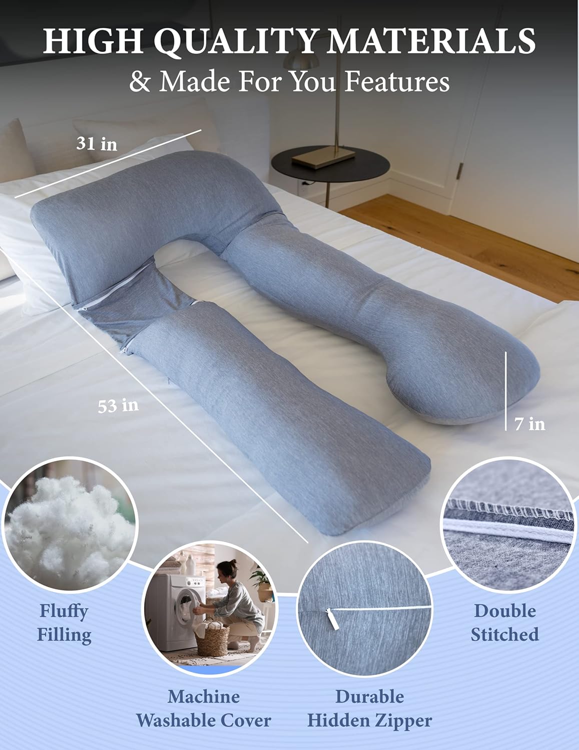 Pharmedoc Pregnancy Pillows, U-Shape Full Body Pillow -Removable Cover Jumbo Size - Grey - Pregnancy Pillows for Sleeping - Body Pillows for Adults, Maternity Pillow and Pregnancy Must Haves