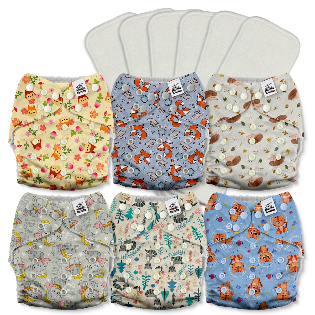 Mama Koala 2.0 Cloth Diapers for Babies with AWJ Lining, 6 Pack with 6 Bamboo Cloth Diaper Inserts - Reusable and Washable Pocket Diapers(Simply Neutrals)