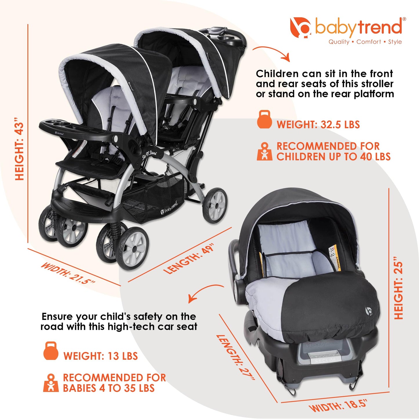 Baby Trend Sit N Stand Easy Fold Travel Double Baby Stroller and 2 Single Infant Car Seats Travel System with Safety Harnesses and Cover, Magnolia