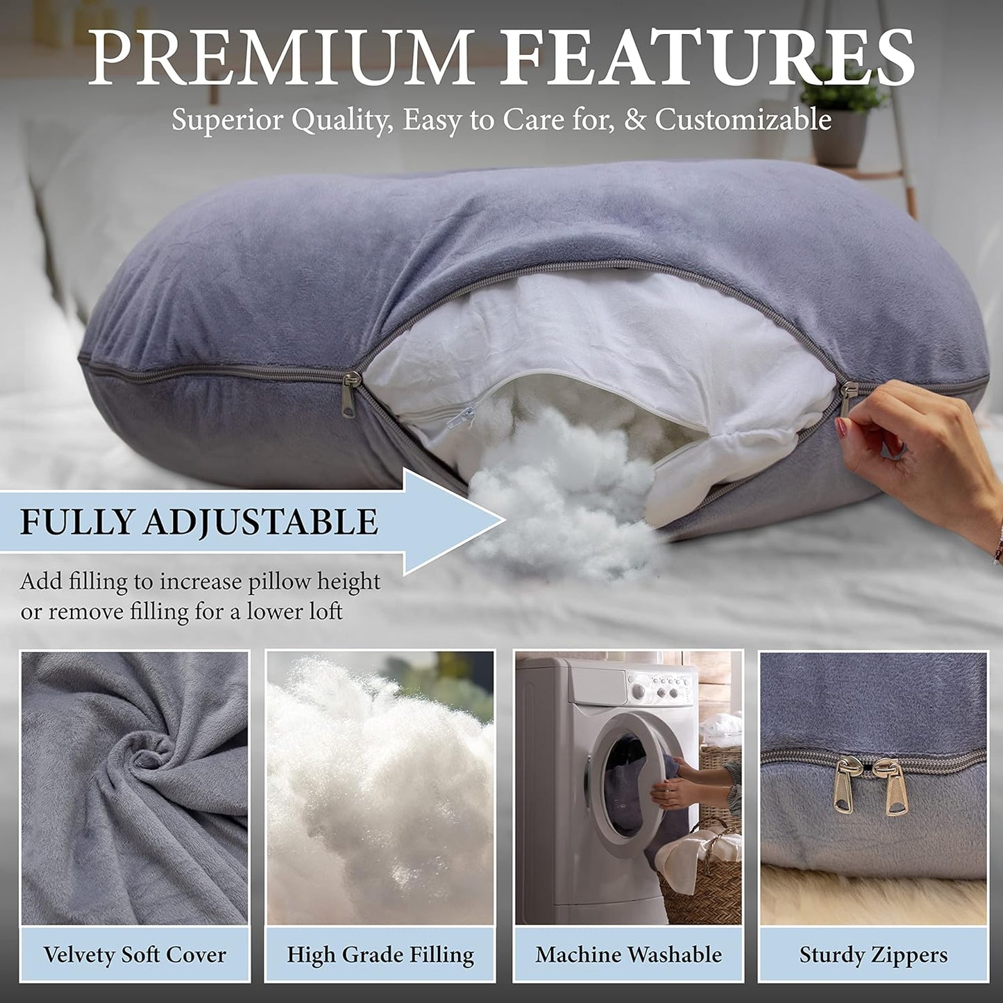 Pharmedoc Pregnancy Pillows, U-Shape Full Body Pillow -Removable Cover Jumbo Size - Grey - Pregnancy Pillows for Sleeping - Body Pillows for Adults, Maternity Pillow and Pregnancy Must Haves