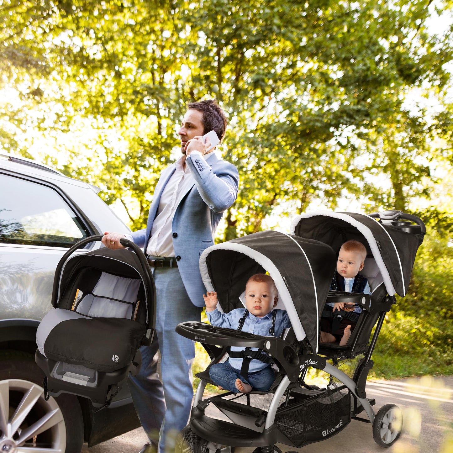 Baby Trend Sit N Stand Easy Fold Travel Double Baby Stroller and 2 Single Infant Car Seats Travel System with Safety Harnesses and Cover, Magnolia